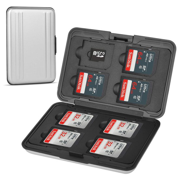 Qkenvo Aluminum Shock Resistant Carrying Box Memory Card Storage Case Holder 8 Slots for SD SDHC MMC Micro SD TF Cards Silver