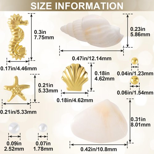 Pndeyo 2 Boxes Ocean Beach Nail Art Charms, Gold 3D Starfish Seashell Nail Decoration Gems, Flatback Pearl Sea Nail Art Accessories Embellishments for Manicure DIY Design- 8 Styles