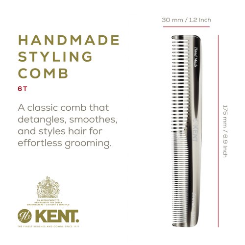Kent 6T G Fine and Wide Tooth Hair Comb-Handmade Styling Comb for Hair Care, Barber and Beard Comb For Men -Grooming Hair Comb for Men, Woman and Kids- Hair Care for Wet or Dry, Medium to Thick Hair