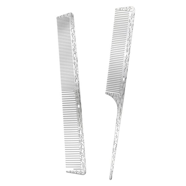 Dolmifapro 2 Pcs Metal Comb, Rat Tail Comb with Metal Pick Flat Top, Pintail Comb Stainless Steel Comb Set,Metal Comb for Men, Professional Barber Combt, Anti Static, Heat Resistant