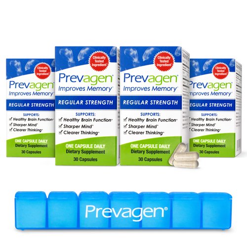 Prevagen Improves Memory - Regular Strength 10mg, 30 Capsules |4 Pack| with Apoaequorin & Vitamin D & Prevagen 7-Day Pill Minder | Brain Supplement for Better Brain Health