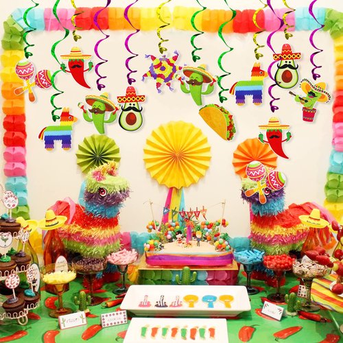 Summer Beach Hanging Swirls, 28Pack Mexican Fiesta Hanging Swirl Decorations, Cinco De Mayo Party Supplies, Taco Twosday Birthday Theme, Taco Party Ceiling Decorations