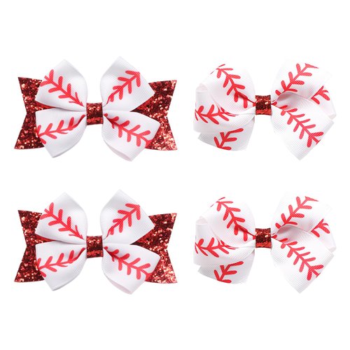 Boxkat 4 Pcs Baseball Hair Clips Baseball Prints Bow Ribbon Hair Barrettes Alligator Clips Sports Theme Hair Accessories for Women Girls, red, white