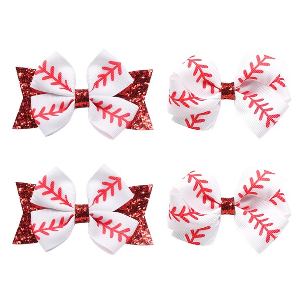 Boxkat 4 Pcs Baseball Hair Clips Baseball Prints Bow Ribbon Hair Barrettes Alligator Clips Sports Theme Hair Accessories for Women Girls, red, white
