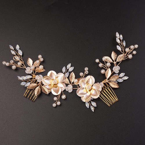 Teyglen Wedding Gold Rhinestones Hair Comb Dainty Flower Leaf Crystal Pearls Hair Comb Bridal Headband Hair Accessories Crystals Bridal Side Hair Comb Hair Pieces for Women Bride Girls (Gold)