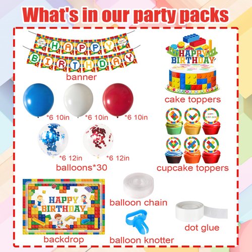 YIGZAG Building Block Birthday Party Supplies, Building Blocks Themed Birthday Party Decorations for Boys, Includes Balloons, Backdrop, Banner, Cake Topper, Cupcake Toppers