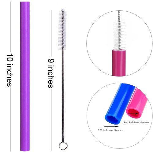ALINK Reusable Boba Smoothie Straws, 10” Long Extra Wide Fat Silicone Straws for Drinking Bubble Tea, Set of 6 with Cleaning Brush