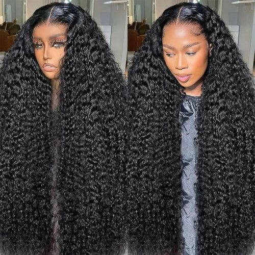Generic 28 Inch 13x6 Deep Wave Glueless Lace Front Wigs Human Hair HD Transparent Pre Plucked with Baby Hair 180% Density Natural Color Deep Curly Synthetic Wigs, Black