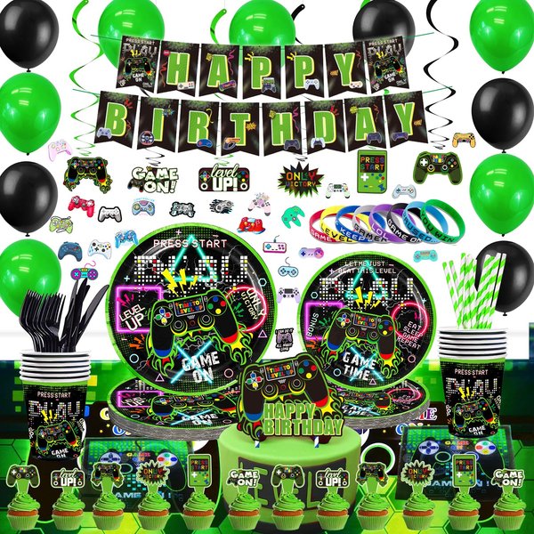 Green Gamer Birthday Party Decoration - 269Pcs Video Game Gaming Party Supplies For Boys Birthday Party - Table Cover, Utensils, Hanging Swirls, Birthday Banner, Stickers, Bracelets
