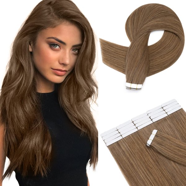 Hairro Tape In Real Human hair Extension Glue In Skin Weft Hair Extensions Rooted Tape in Hair Seamless Invisible Double Sided Tape Human Hair Extensions For Women 24 inch 30g 20pcs #06 Light Brown
