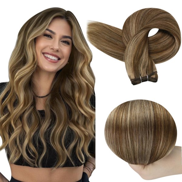 Full Shine 22 Inch Weft Hair Extensions Human Hair Sew In Hair Extensions Remy Straight Hair Sew In Extensions For Women Machine Weft Extensions Color Brown Highlight Blonde Human Hair Bundles 105G