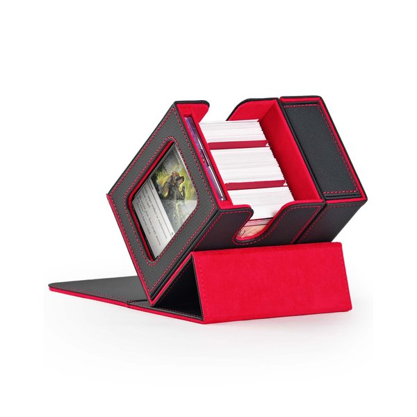 ZLCA MTG Deck Box, Commander Deck Box with Display Window, Card Deck Box Holds 100 Double-Sleeved Cards with Dice Tray & 35pt Magnetic Card Holder（Black& red）
