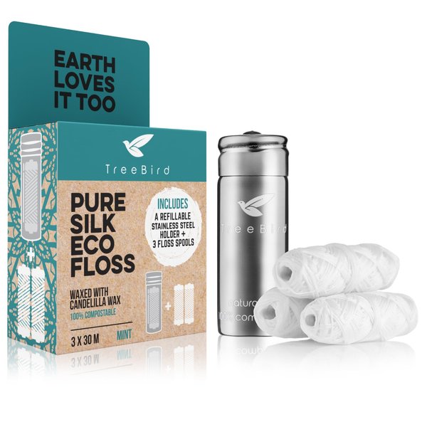 Biodegradable Dental Floss by TreeBird | Refillable & Reusable Zero Waste Steel Dispenser | 3x33yd Waxed Natural Cruelty Free Peace Silk Spools | 100% Compostable | Eco Friendly Plastic Free Oral Care