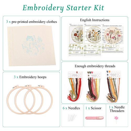 Harimau 3 Pack Embroidery Kit for Beginners , Floral Plant Pattern,Cross Stitch Kits Set , Including Stamped Embroidery Cloth with 3 Embroidery Hoops, Color Threads and Tools (Flower)