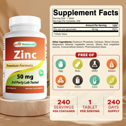 Best Naturals Zinc supplement as Zinc Gluconate 50mg 240 Tablets Pack of 2