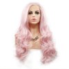 Pink Lace Front Wigs for Women Long Wavy Synthetic Hair Wig Soft Lace Wig with Natural Hairline Glueless Heat Resistant Fiber Hair for Women 24 Inch Cosplay Wigs (Pastel Pink)
