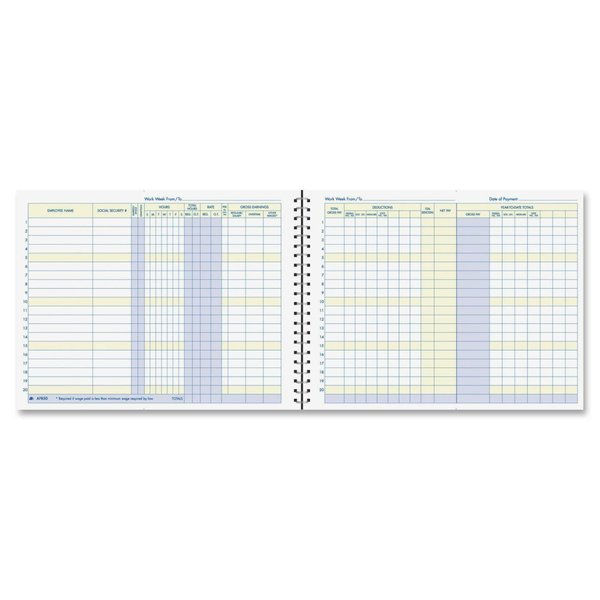 Adams Weekly Payroll Record, 20 Employee Capacity, Spiral Binding, 11 x 8.5 Inches, White, (AFR50)