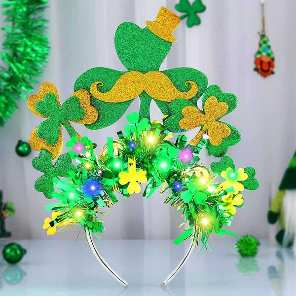 GRAEEN Lgiht Up St Patrick's Day Headband Green Clover Hair Band Irish Shamrock Party Costume Accessories for Women