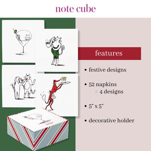 Kate Spade New York Decorative Paper Napkins with Holder, 52 Holiday Napkins, Disposable White Party Cocktail Napkins with 4 Festive Designs, Holiday Party