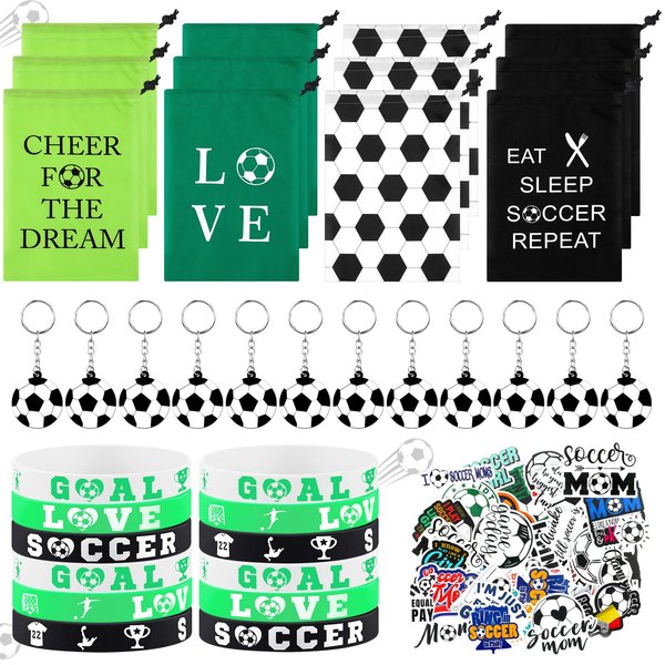 WILLBOND 86 Pcs Soccer Party Favors Soccer Themed Birthday Party Supply Soccer Party Bags with Drawstring Keychains Bracelets Wristbands Stickers for Football Party Goodie Bag Fillers Decoration
