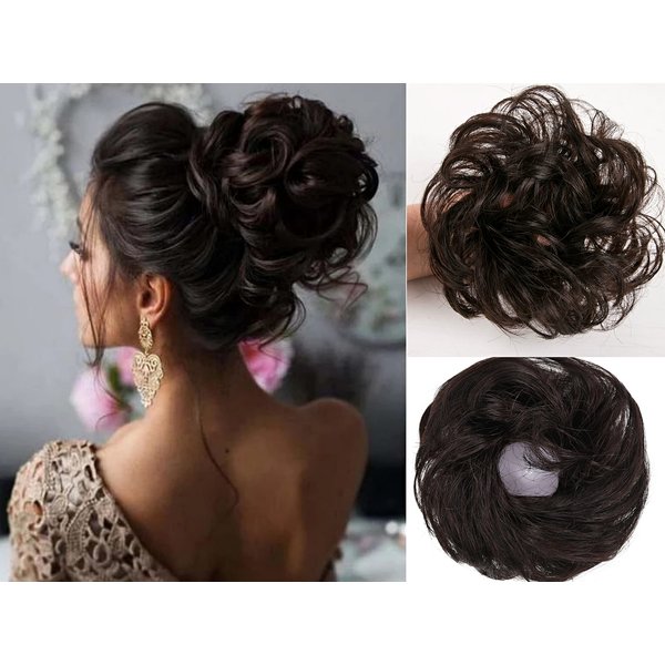 Uotp 100% Human Hair Messy Bun Hair Pieces Drawstring Hair Scrunchie Wedding Donut Hair Ring Daily Hair Bun Lady Styling Tool Hair Accessories for Women Girls (BlackBrown)