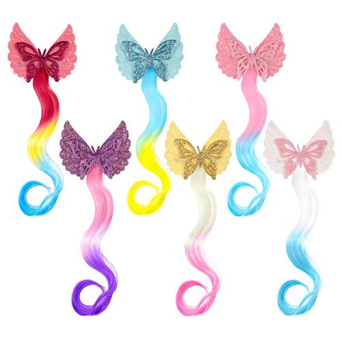 6 Pcs Hair Clips for Girls, Bow Curly Pink Gradient Hair Extensions for Kids, Little Girl Hairpieces for Party Ponytails Princess Dress Up