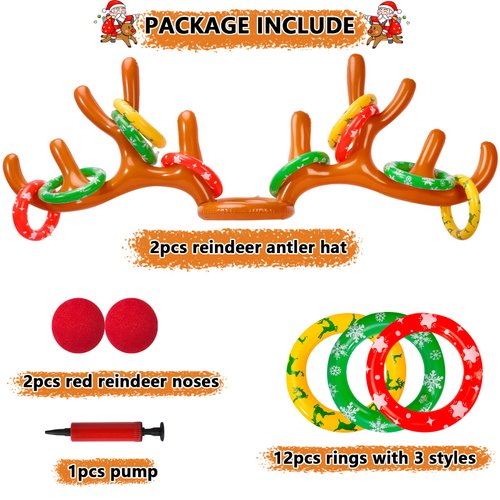 Max Fun 2Pack Inflatable Reindeer Antler Ring Toss Indoor Outdoor Christmas Party Games Hat for Xmas Holiday Party Supplies Favors, 2 Anlters & 12Rings
