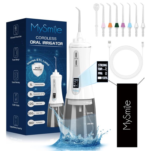 MySmile Powerful Cordless 350ML Water Dental Flosser Portable OLED Display Oral Irrigator with 5 Pressure Modes 8 Replaceable Jet Tips and Storage Bag for Home Travel Use (White)