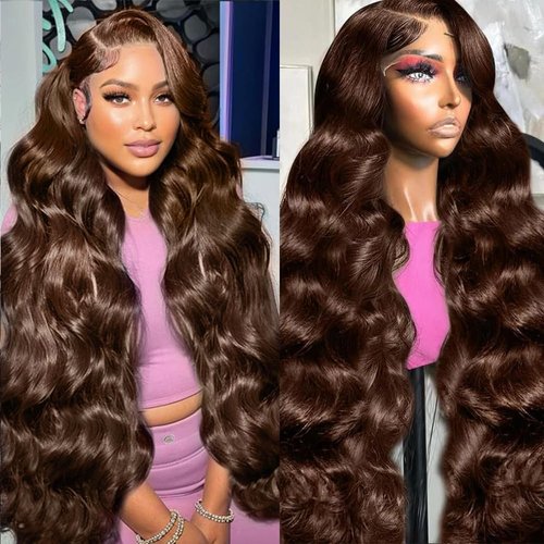 30 Inch Lace front wig human hair Chocolate brown Lace Front Wig Human Hair Pre Plucked Brown Wig Human Hair Body Wave 4# Colored 13x6 Body Wave Lace Front Wigs Human Hair 200% Density