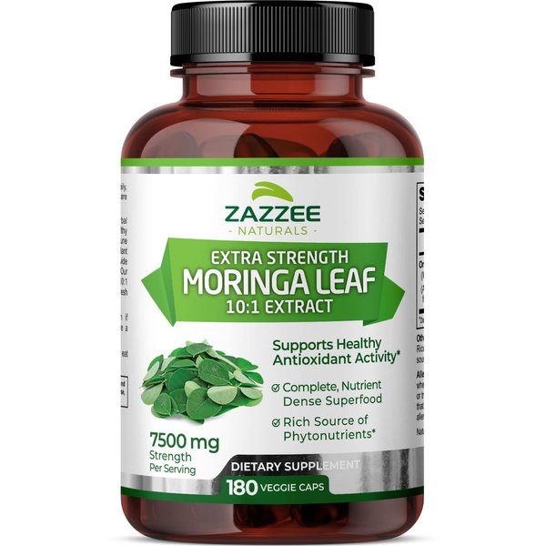 Zazzee Organic Moringa Oleifera Leaf 7500 mg Strength, 180 Vegan Capsules, 10:1 Extract, 100% Pure Superfood, Concentrated and Standardized 10X Leaf Extract, Vegetarian, All-Natural and Non-GMO