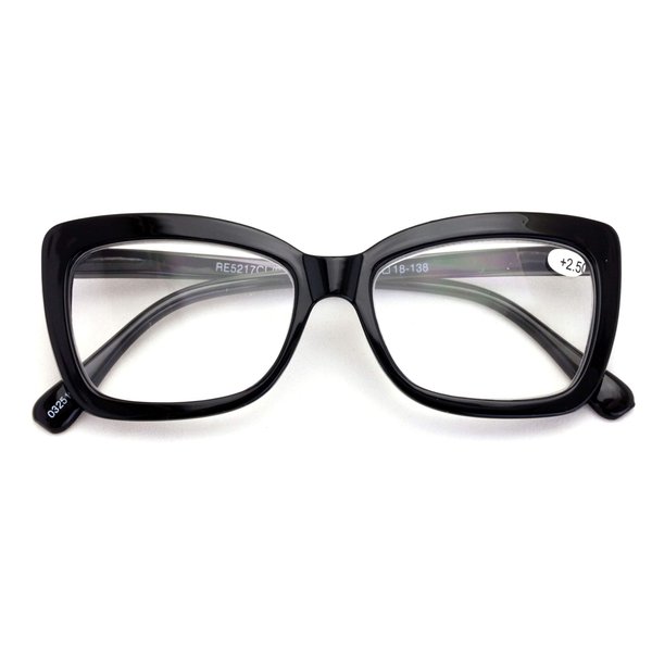 Women Big Lens Butterfly Reading Glasses - Fun Cateye Clear Lens Readers - Vintage Fashion (Black, 1.25)