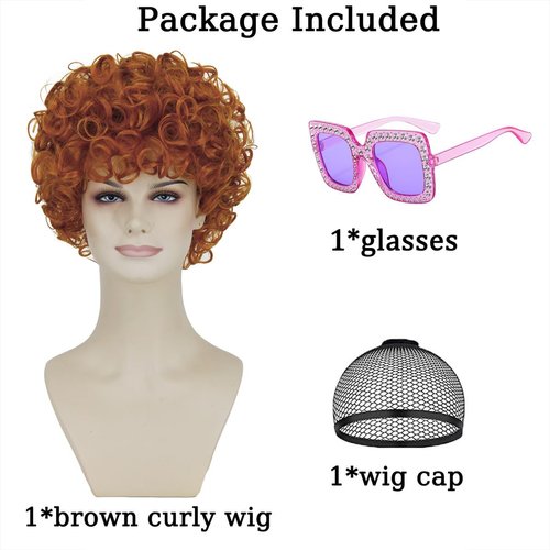 shecool Brown Red Curly Wig for Women Mrs Roper Wig with Glasses Short Curly Wigs for Mrs Roper Costume Women Curly Wavy Ginger Wig for Halloween Costume with Wig Cap SL031