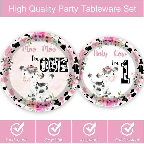 80 Pcs Holy Cow I'm One Girls Birthday Decorations Moo Moo I'm One Paper Dinner Plates Napkins Forks Dinnerware for Farm Animals Cow Themed Girls Baby Shower 1st Bday Party Supplies