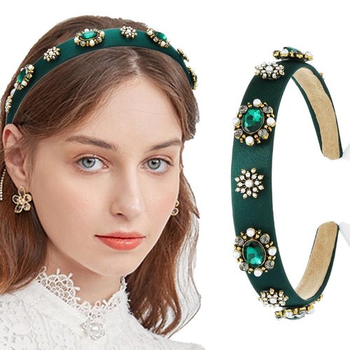Coridy Green Jewelry Headbands Thin Baroque Hairbands for Women Pearl Rhinestones Hair Hoops with Emeralds Bejeweled Headband for Bridal Party