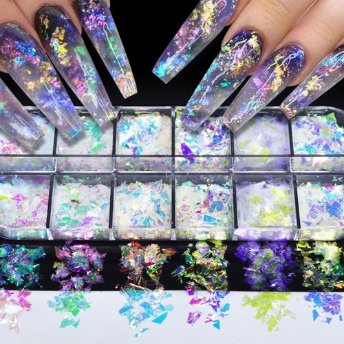 12 Grids Holographic Nail Art Glitter Sequins Iridescent Shinning Nail Glitter Flakes Irregular Colorful Nail Glitter Laser Nail Flakes Sticker for Women Acrylic Nails Make-up Nail Art Decorations