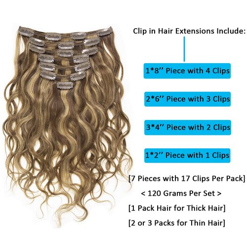 Caliee 14Inch Natural Curly Clip in Human Hair Extension Natural Wave Curly Clip in Hair Extensions Piano Chocolate Brown Mixed with Strawberry Blonde Color Remy Human Hair Clip ins NW#P4/27 120G