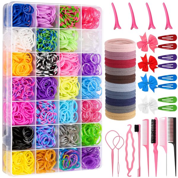 3000Pcs 28 Colors Hair Rubber Bands with Hair Styling Tools, Colorful Small Hair Elastics, Seamless Cotton Hair Ties, Topsy Pony Tail Hai Tool for Toddler Baby Girls Kids Hair Accessories