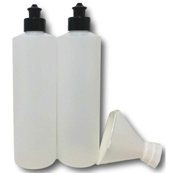 2 Pack Refillable 16 Ounce HDPE Squeeze Bottles With Push/Pull Button Top Dispenser Caps-Great For Lotions, Shampoos, Conditioners and Massage Oils From Earth's Essentials (Black Cap)