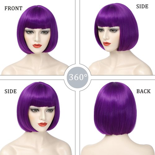 YBYMCAI Purple Bob Wig With Bangs Short Dark Purple Bob Wigs For Women Straight Bob Bangs Wig 10 Inch Heat Resistant Synthetic Hair Natural Looking For Daily