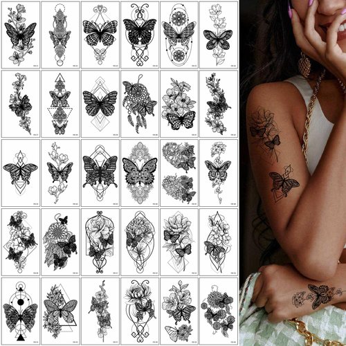 30 Sheets Butterfly Flower Temporary Tattoos for Women Girls 3D Black Butterflies Floral Fake Tattoo Stickers Waterproof Body Art Colored Temp Tattoo Paper