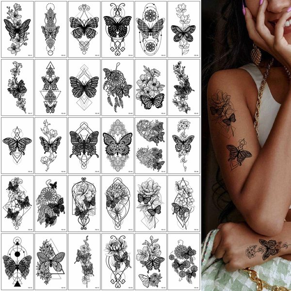 30 Sheets Butterfly Flower Temporary Tattoos for Women Girls 3D Black Butterflies Floral Fake Tattoo Stickers Waterproof Body Art Colored Temp Tattoo Paper