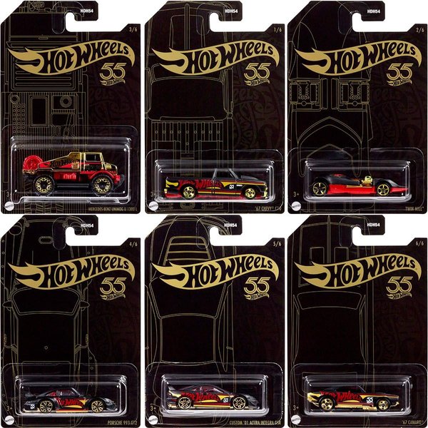 2023 Hotwheels 55th Anniversary Pearl & Chrome Complete 6 Cars Set - Premium Metal Toy Cars for Collectors and Enthusiasts, 1:64 Scale Die-Cast Replicas of Classic Vehicles