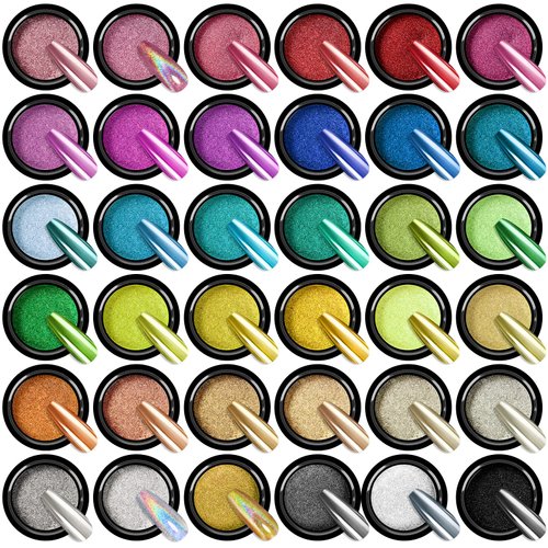 36Pcs Saviland Mirror Chrome Nail Powder Set - Metallic Holographic Chrome Nail Powder Black Blue Silver Gold Mirror Nails Chrome Powder for Nails French Manicure Nail Art Decoration Home Salon DIY