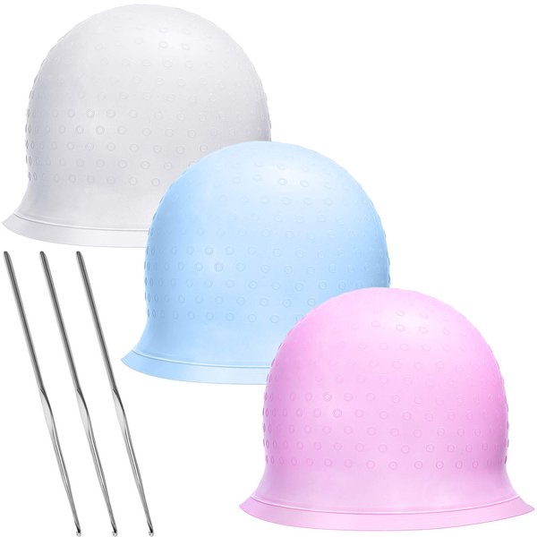 3 Pieces Reusable Silicone Hair Staining Cap Multicolor Hair Coloring Dye Cap with Metal Hook Silicone Hair Coloring Cap for Home Salon Hairdressing Tools (Blue, White, Purple)