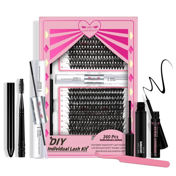 DIY Lash Extension Kit with 360 Pcs Individual Lashes Lash Bond and Seal Overnighter Sealer Lash Remover Eyelash Applicator Lash Brush for Beginner Easy to Use(40D+50D-D-10-16mix Kit)