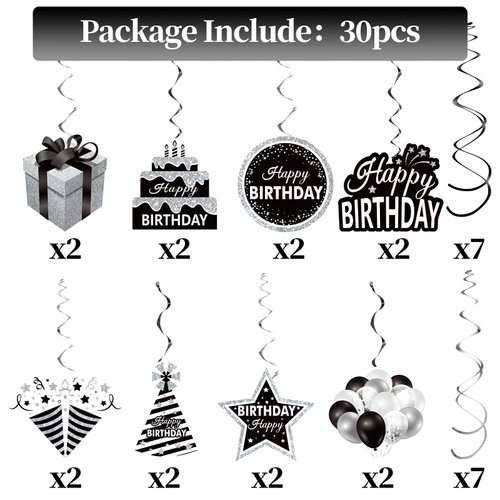 16Pcs Black White Silver Birthday Hanging Swirls Decorations for Women Men, Black White Happy Birthday Foil Swirl Party Supplies, 16th 21st 30th 40th 50th 60th Birthday Ceiling Swirl Sign Decor