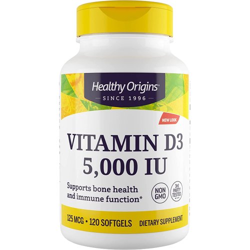 Healthy Origins Vitamin D3 (Lanolin) 5,000 IU - Bone Health and Immune Support Supplement - Easily Absorbable Vitamin D Supplements - Gluten-Free Vitamin D3 Supplement - 120 Softgels