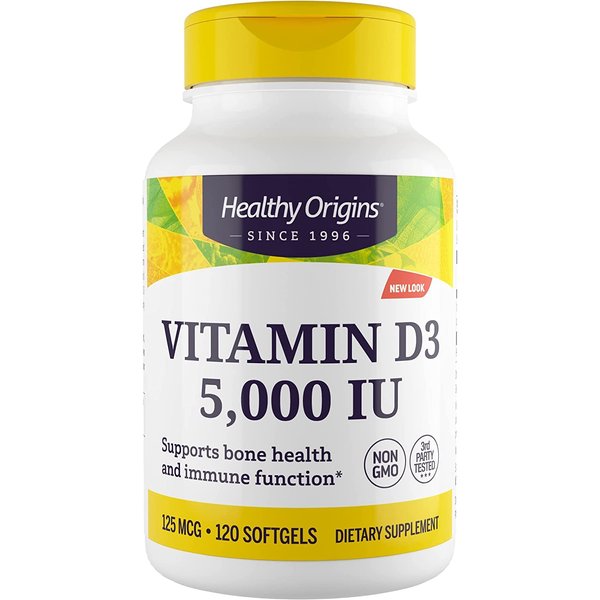 Healthy Origins Vitamin D3 (Lanolin) 5,000 IU - Bone Health and Immune Support Supplement - Easily Absorbable Vitamin D Supplements - Gluten-Free Vitamin D3 Supplement - 120 Softgels