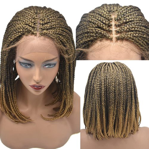 Afro Hand Braided 16" Short Wigs For Black Women With Baby Hair Hand Box Braided Wigs Swiss Lace Braided Lightweight African American Black Women Hand Tied Lace Braids Wigs.(#1B/27T Black Mix Blonde)