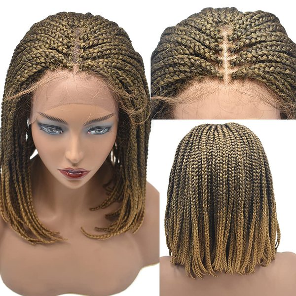 Afro Hand Braided 16" Short Wigs For Black Women With Baby Hair Hand Box Braided Wigs Swiss Lace Braided Lightweight African American Black Women Hand Tied Lace Braids Wigs.(#1B/27T Black Mix Blonde)